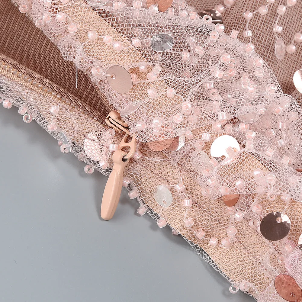 CRYSTAL LEAF EMBELLISHED SEQUIN MAXI DRESS IN PALE BROWN Gloria Lanvin