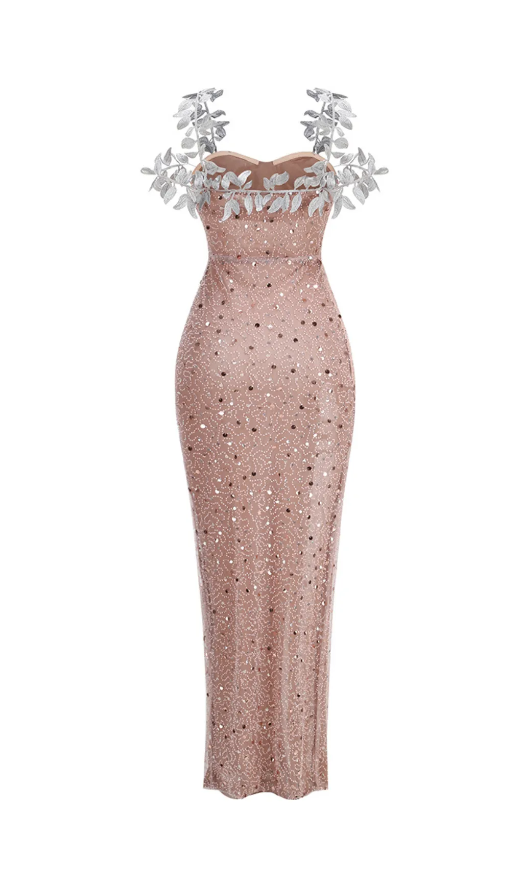 CRYSTAL LEAF EMBELLISHED SEQUIN MAXI DRESS IN PALE BROWN Gloria Lanvin