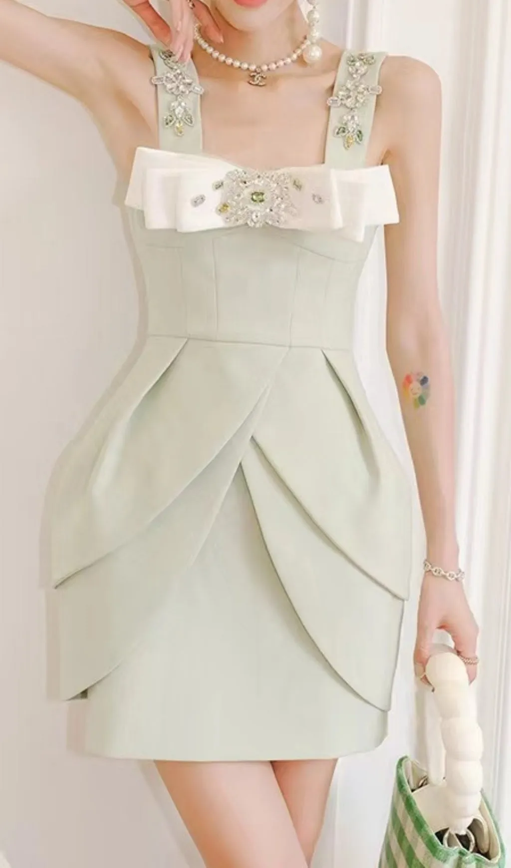 CRYSTAL STRAPPY MINI DRESS IN MINT Gloria Lanvin