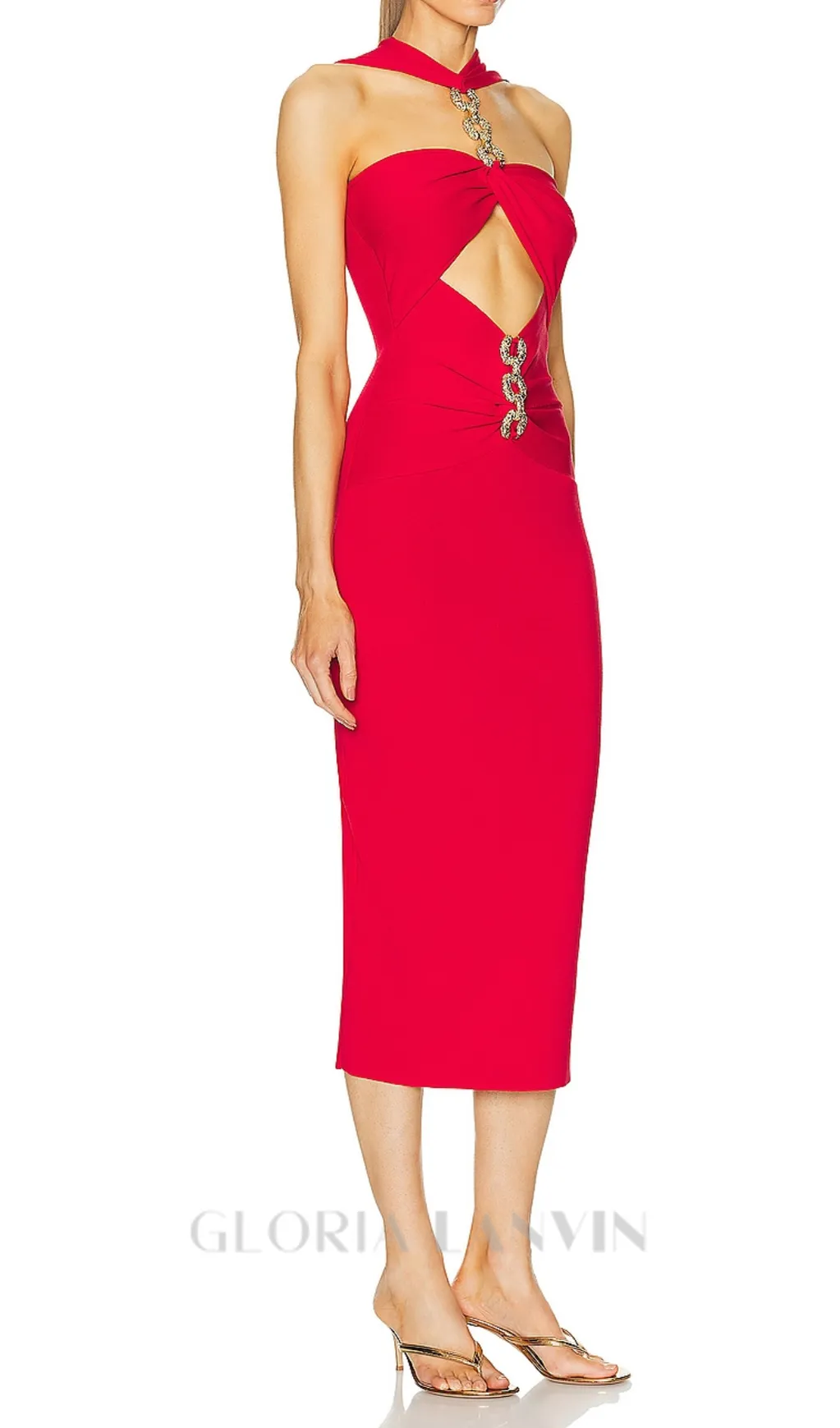 CUT OUT KNIT BANDAGE MIDI DRESS IN RED Gloria Lanvin