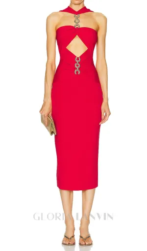 CUT OUT KNIT BANDAGE MIDI DRESS IN RED Gloria Lanvin