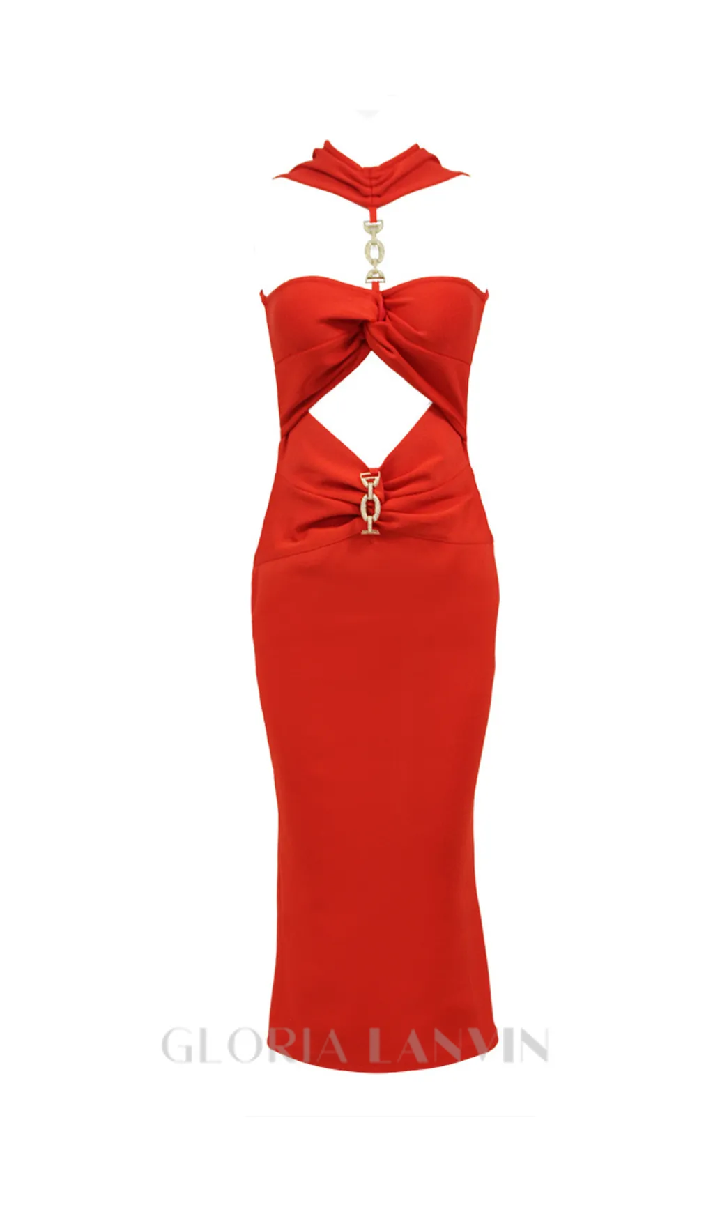 CUT OUT KNIT BANDAGE MIDI DRESS IN RED Gloria Lanvin