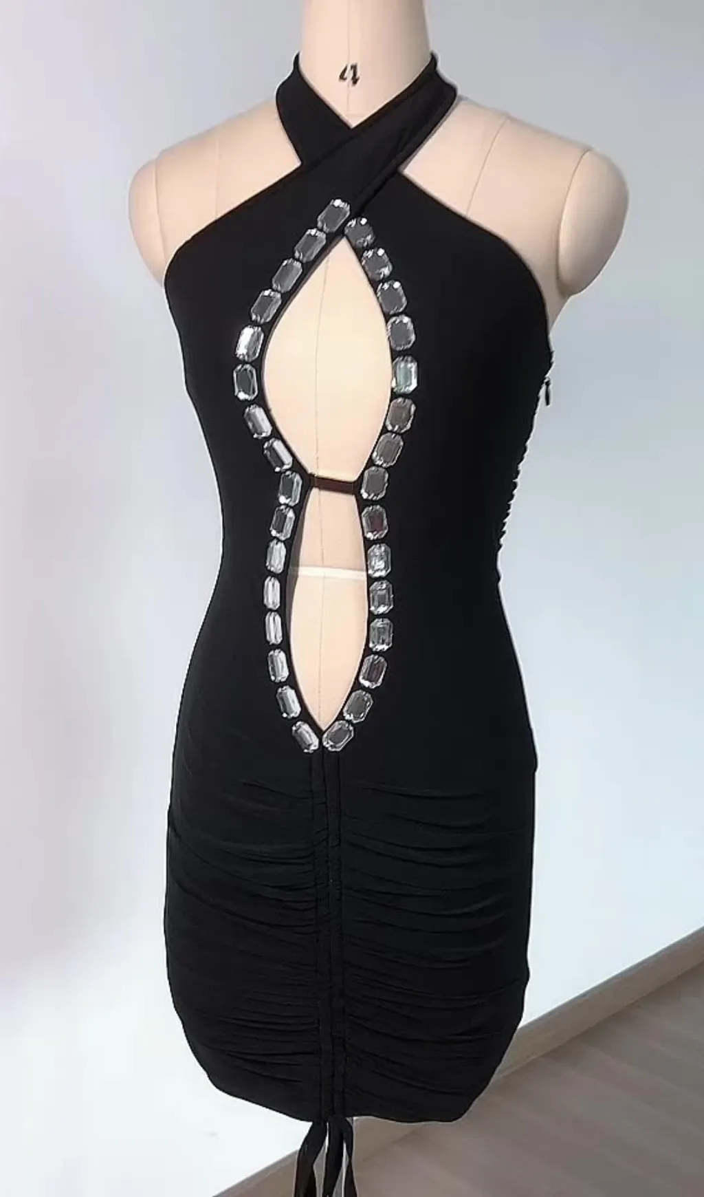 CUTOUT CRYSTAL EMBELLISHED HALTER MINI DRESS IN BLACK Gloria Lanvin