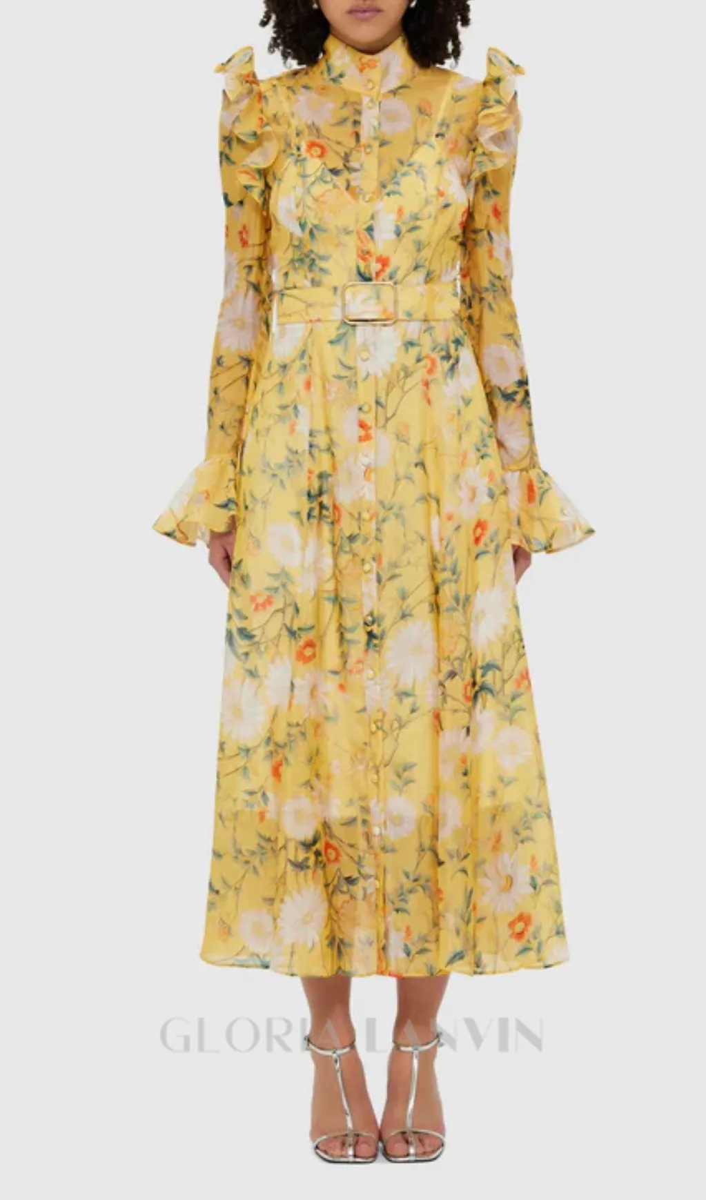 Daisy Print Butterfly Sleeve Midi Dress in yellow Gloria Lanvin