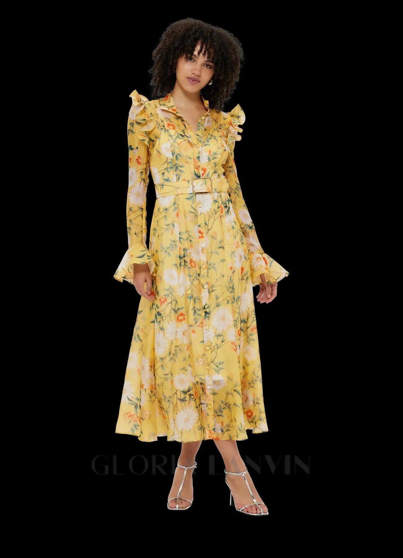 Daisy Print Butterfly Sleeve Midi Dress in yellow Gloria Lanvin