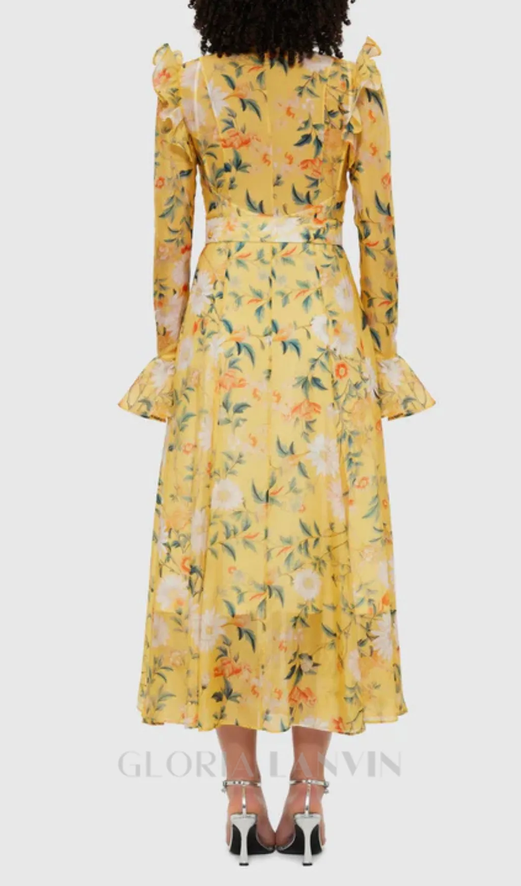 Daisy Print Butterfly Sleeve Midi Dress in yellow Gloria Lanvin