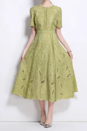 dana hollow embroidery lace midi dress in green Gloria Lanvin