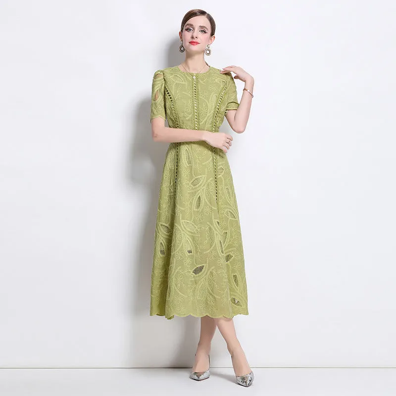 dana hollow embroidery lace midi dress in green Gloria Lanvin