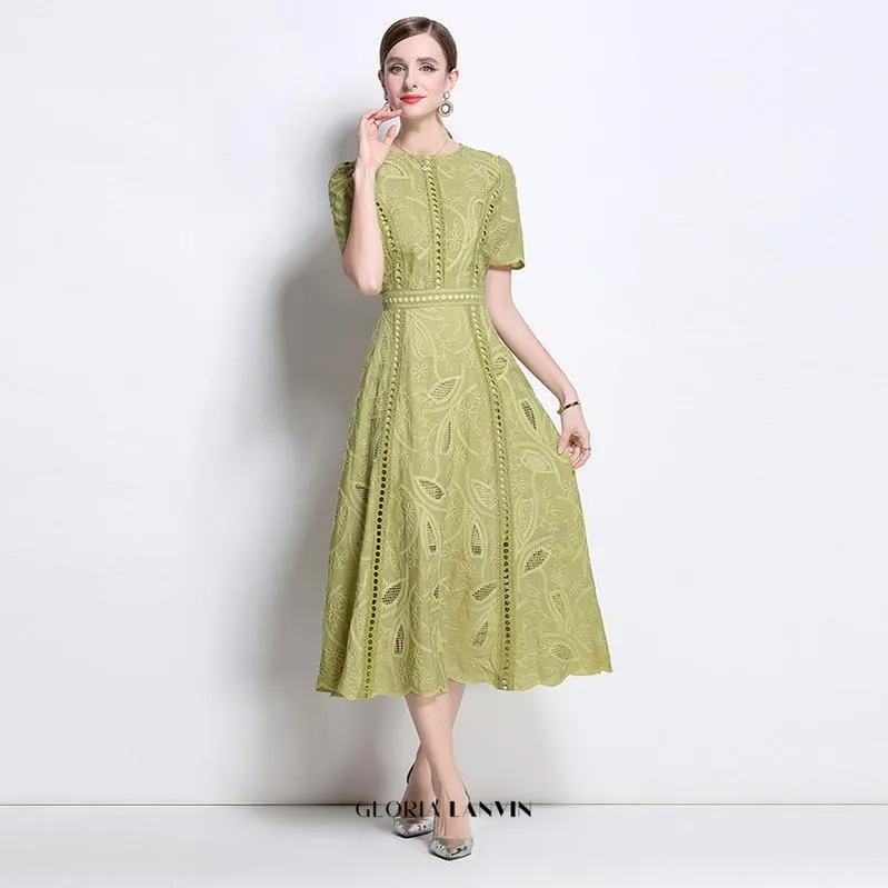 dana hollow embroidery lace midi dress in green Gloria Lanvin