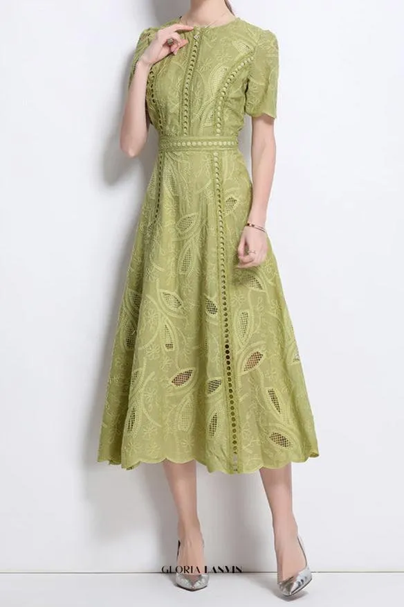 dana hollow embroidery lace midi dress in green Gloria Lanvin