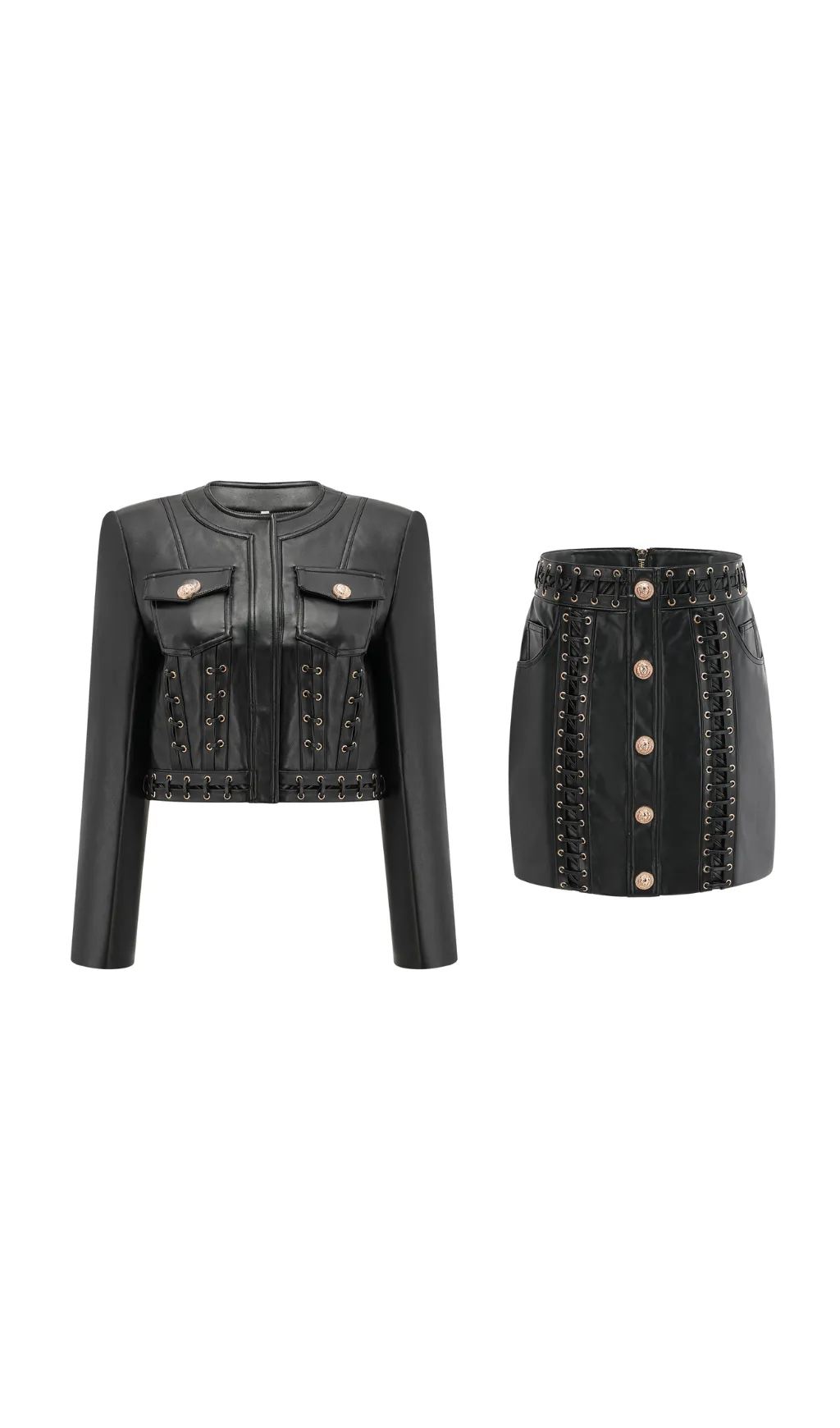 Daphn eyelet-embellished leather jacket & skirt matching set Gloria Lanvin