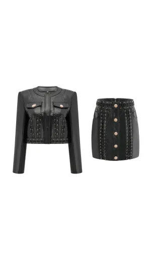 Daphn eyelet-embellished leather jacket & skirt matching set Gloria Lanvin
