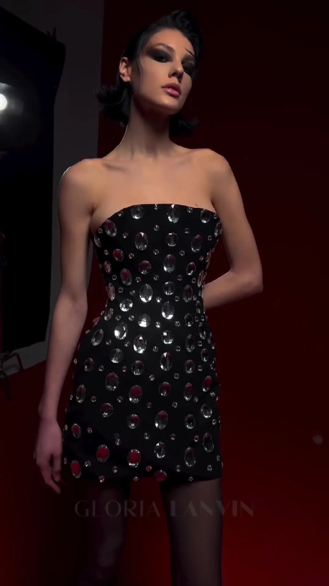 DAPHNE BLACK CRYSTAL EMBELLISHED STRAPLESS MINI DRESS Gloria Lanvin