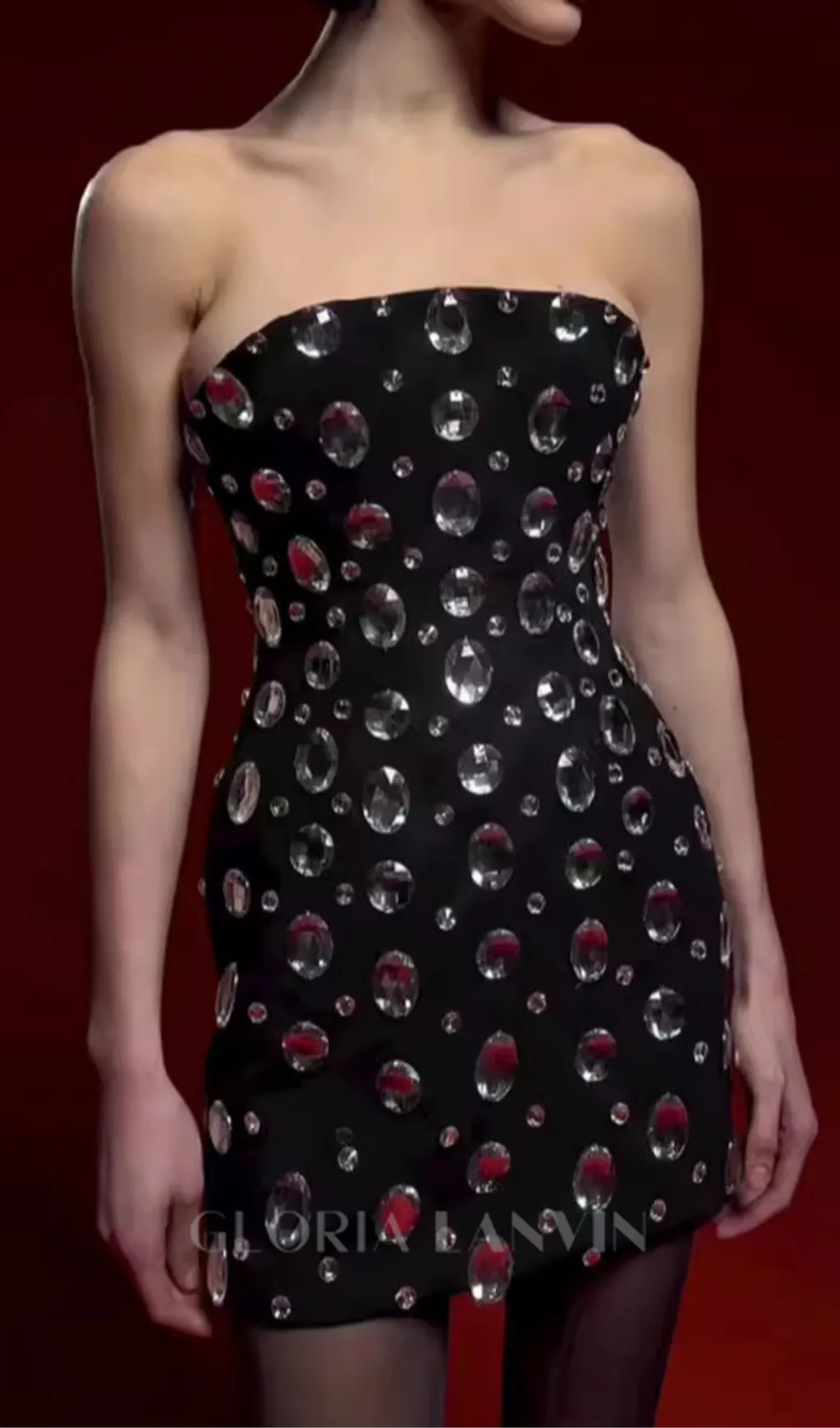 DAPHNE BLACK CRYSTAL EMBELLISHED STRAPLESS MINI DRESS Gloria Lanvin