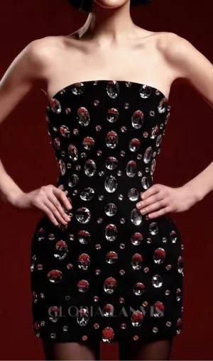 DAPHNE BLACK CRYSTAL EMBELLISHED STRAPLESS MINI DRESS Gloria Lanvin