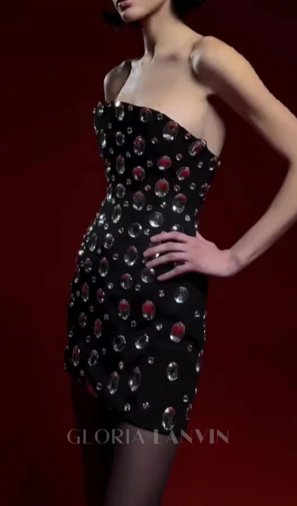 DAPHNE BLACK CRYSTAL EMBELLISHED STRAPLESS MINI DRESS Gloria Lanvin