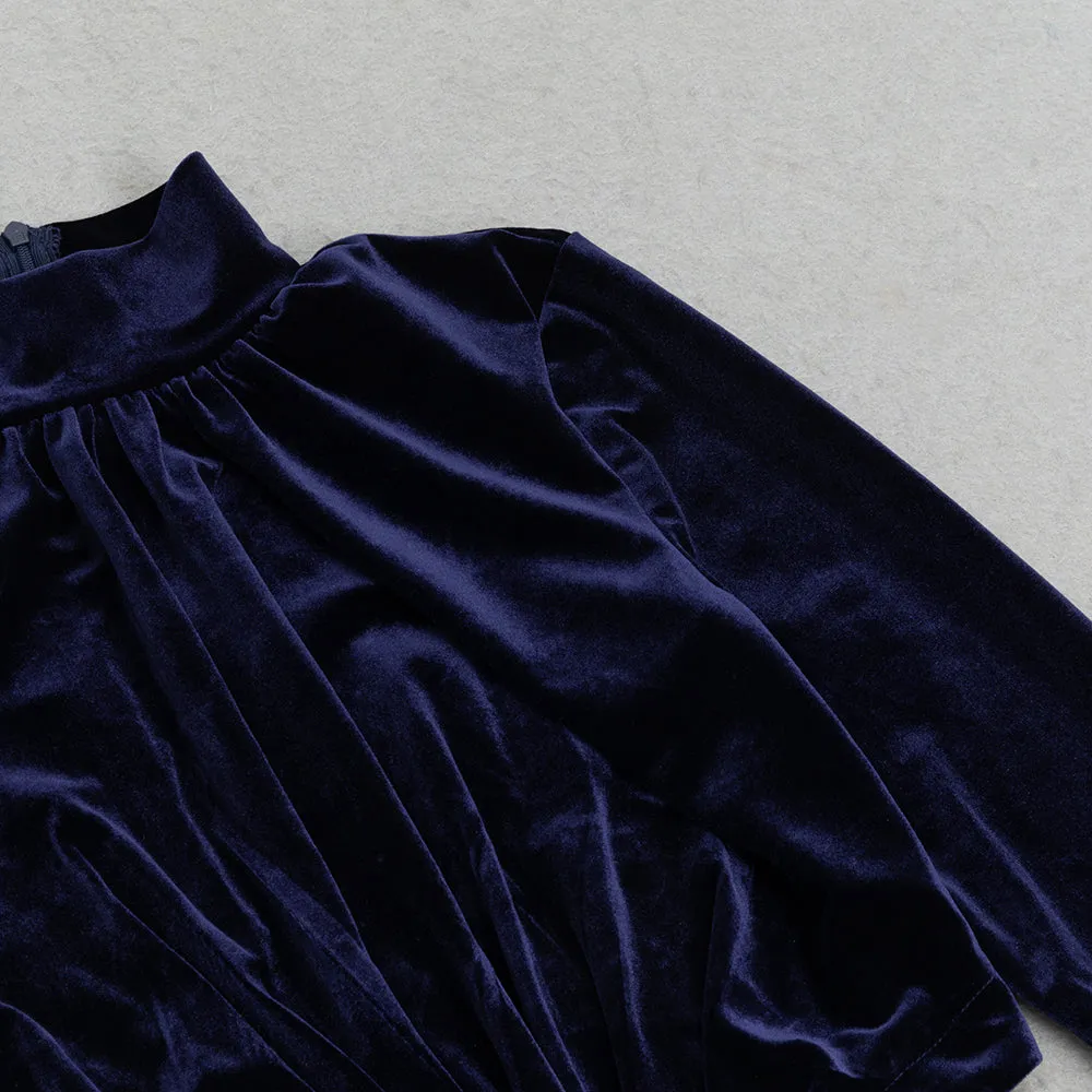 DARK BLUE HALF-HIGH COLLAR LONG-SLEEVED HOLLOW TIGHT SLIT MAXI DRESS Gloria Lanvin
