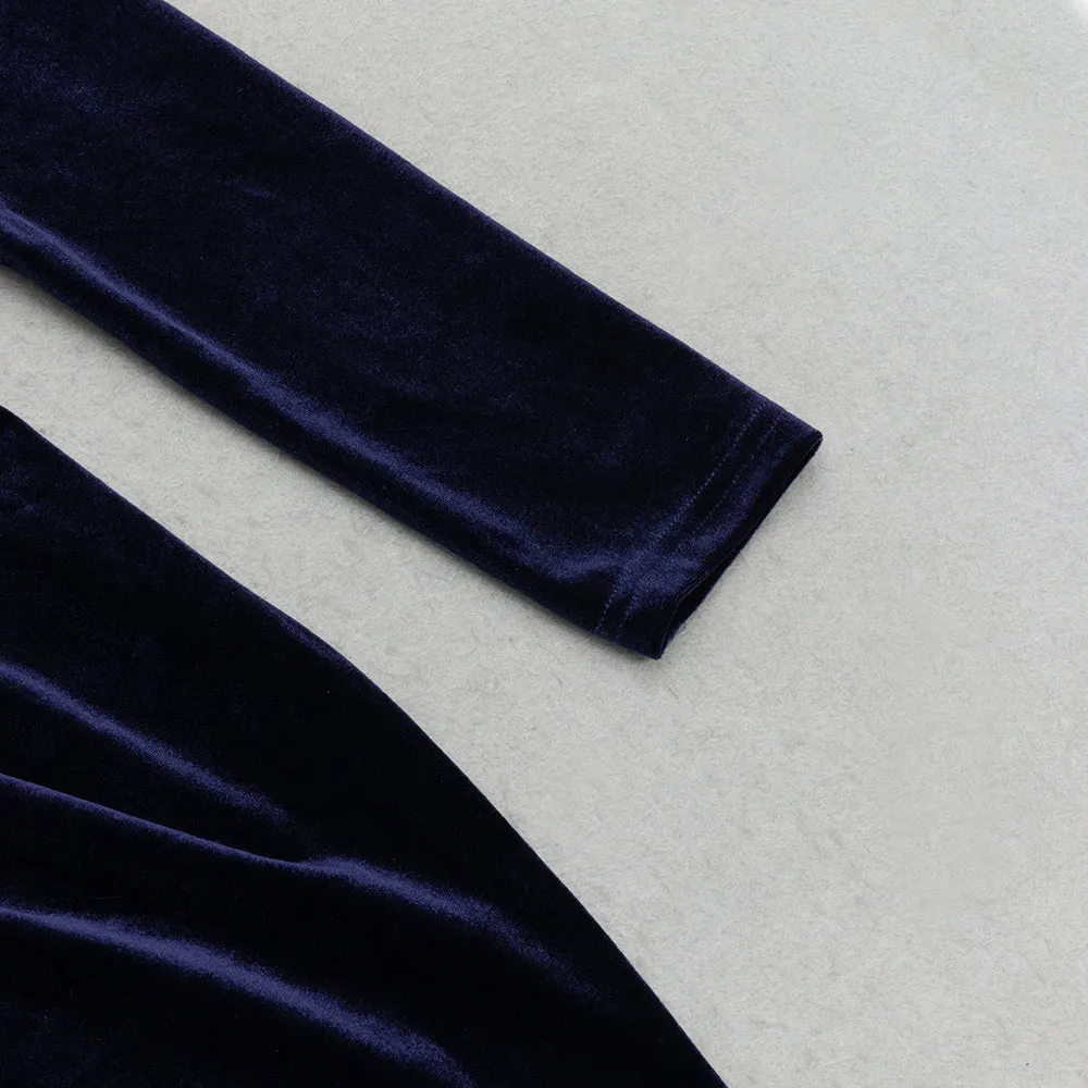 DARK BLUE HALF-HIGH COLLAR LONG-SLEEVED HOLLOW TIGHT SLIT MAXI DRESS Gloria Lanvin