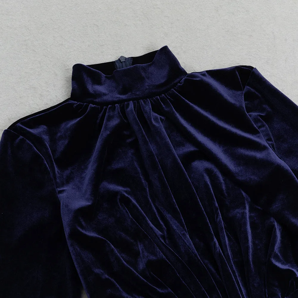 DARK BLUE HALF-HIGH COLLAR LONG-SLEEVED HOLLOW TIGHT SLIT MAXI DRESS Gloria Lanvin