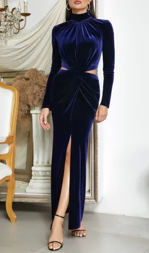 DARK BLUE HALF-HIGH COLLAR LONG-SLEEVED HOLLOW TIGHT SLIT MAXI DRESS Gloria Lanvin