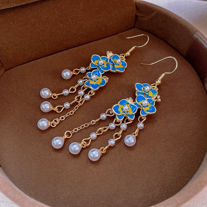 Dave Blue Flower Pearl Earrings Gloria Lanvin