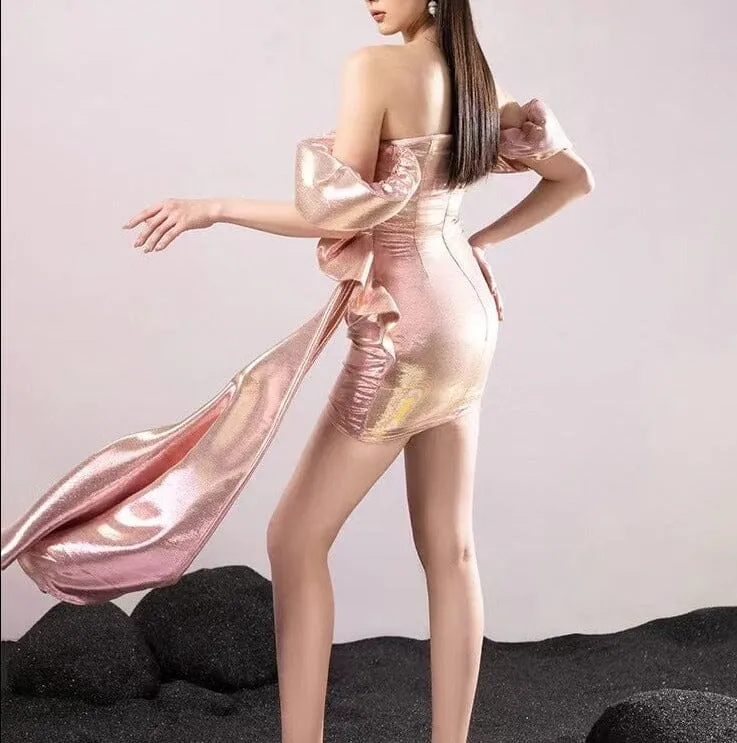DAZZLING IRREGULAR SEXY PLEATED MINI DRESS IN PINK Gloria Lanvin