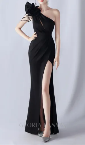 DEBBY BLACK ONE SHOULDER FLOWER CUT OUT SLIT MAXI DRESS Gloria Lanvin