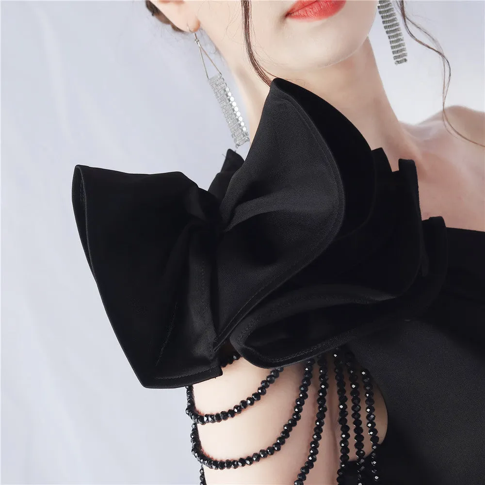 DEBBY BLACK ONE SHOULDER FLOWER CUT OUT SLIT MAXI DRESS Gloria Lanvin