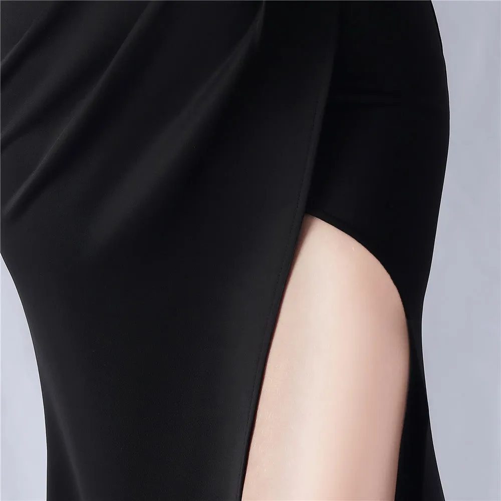 DEBBY BLACK ONE SHOULDER FLOWER CUT OUT SLIT MAXI DRESS Gloria Lanvin