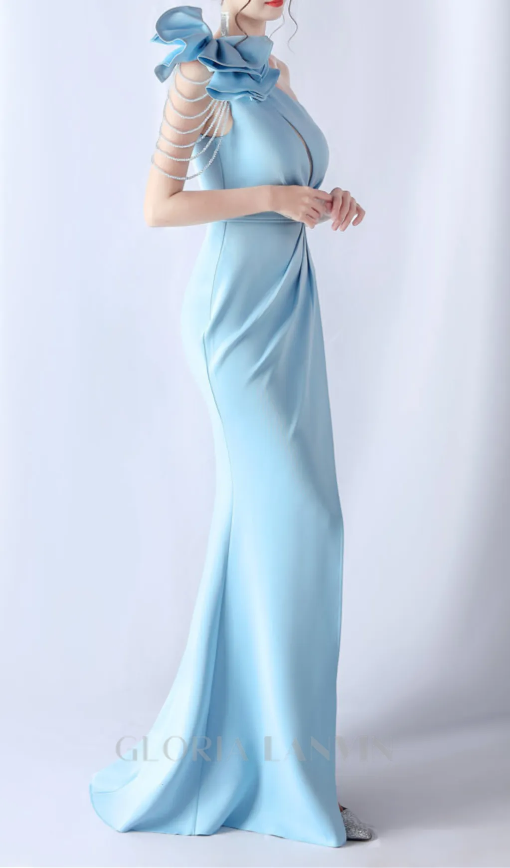 DEBBY BLUE ONE SHOULDER FLOWER CUT OUT SLIT MAXI DRESS Gloria Lanvin