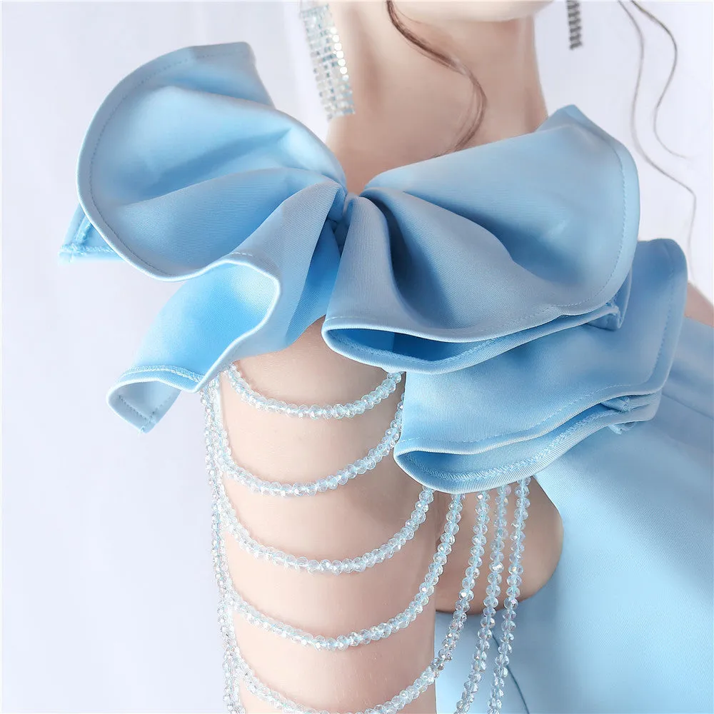DEBBY BLUE ONE SHOULDER FLOWER CUT OUT SLIT MAXI DRESS Gloria Lanvin