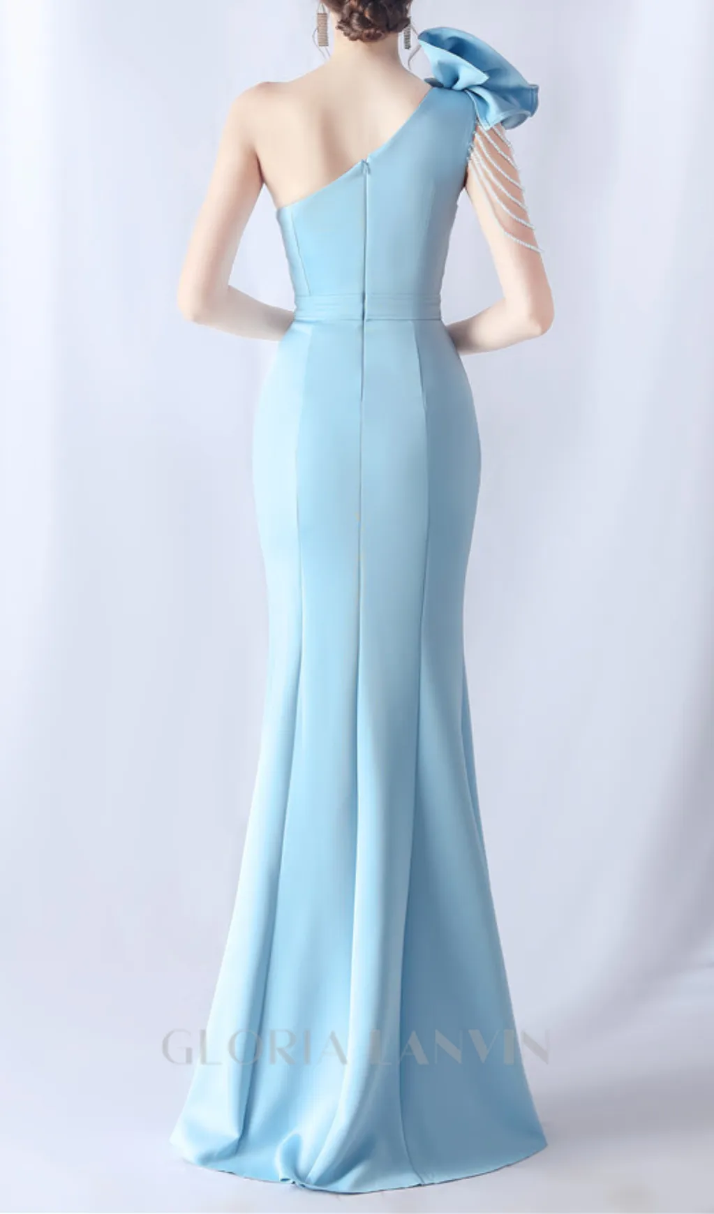 DEBBY BLUE ONE SHOULDER FLOWER CUT OUT SLIT MAXI DRESS Gloria Lanvin
