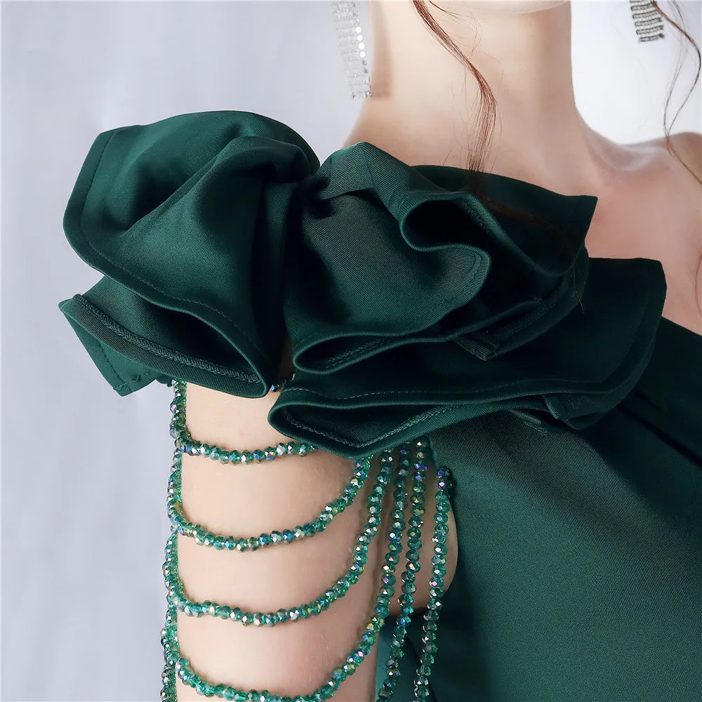 DEBBY GREEN ONE SHOULDER FLOWER CUT OUT SLIT MAXI DRESS Gloria Lanvin