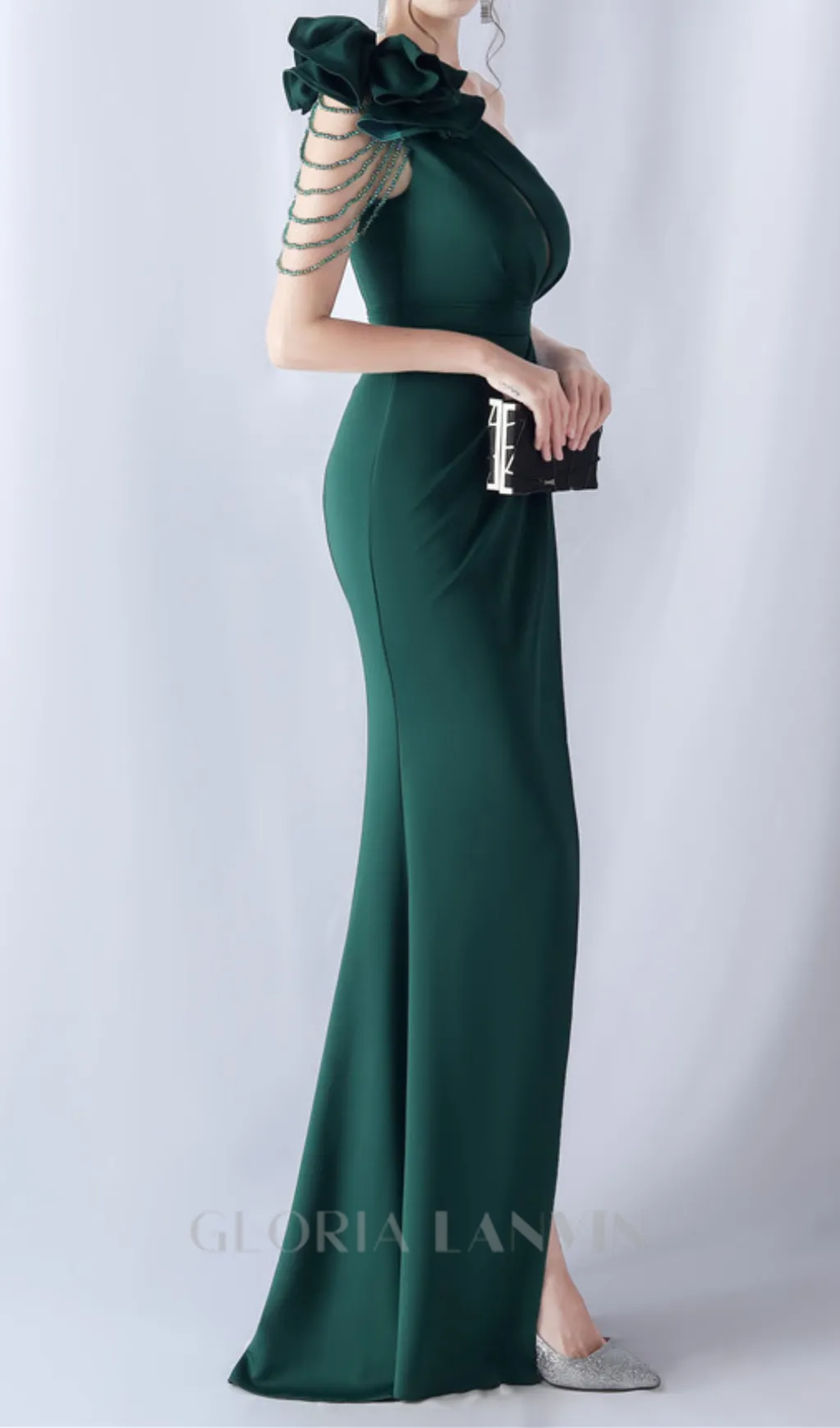 DEBBY GREEN ONE SHOULDER FLOWER CUT OUT SLIT MAXI DRESS Gloria Lanvin