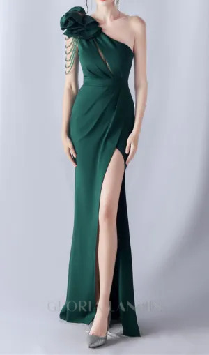 DEBBY GREEN ONE SHOULDER FLOWER CUT OUT SLIT MAXI DRESS Gloria Lanvin