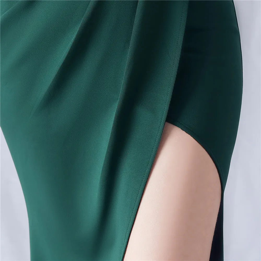 DEBBY GREEN ONE SHOULDER FLOWER CUT OUT SLIT MAXI DRESS Gloria Lanvin