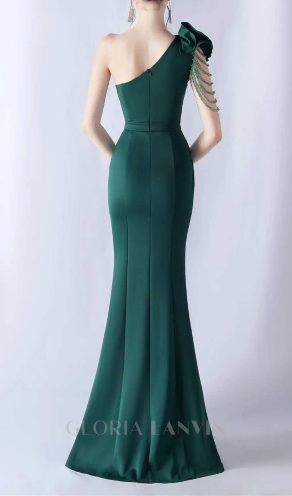 DEBBY GREEN ONE SHOULDER FLOWER CUT OUT SLIT MAXI DRESS Gloria Lanvin