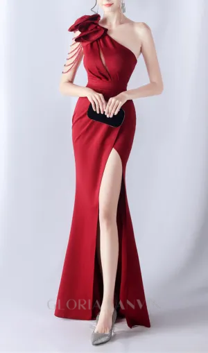 DEBBY RED ONE SHOULDER FLOWER CUT OUT SLIT MAXI DRESS Gloria Lanvin