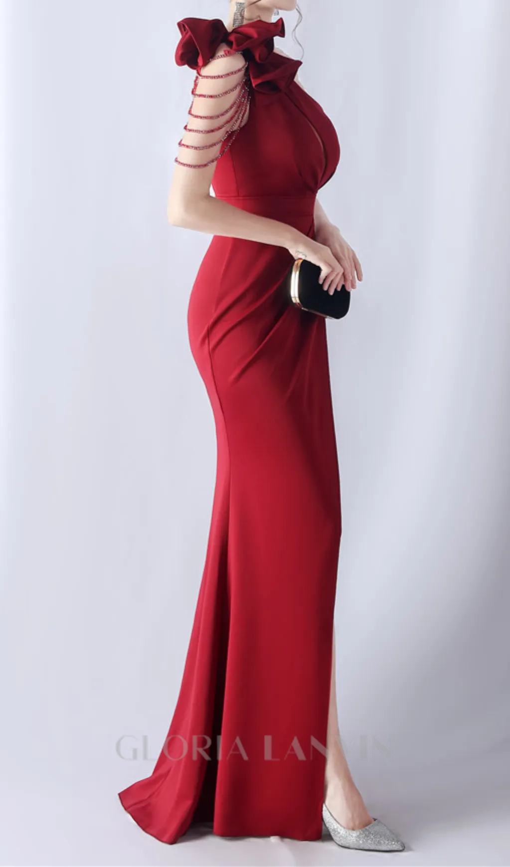DEBBY RED ONE SHOULDER FLOWER CUT OUT SLIT MAXI DRESS Gloria Lanvin