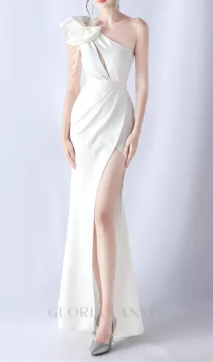 DEBBY WHITE ONE SHOULDER FLOWER CUT OUT SLIT MAXI DRESS Gloria Lanvin