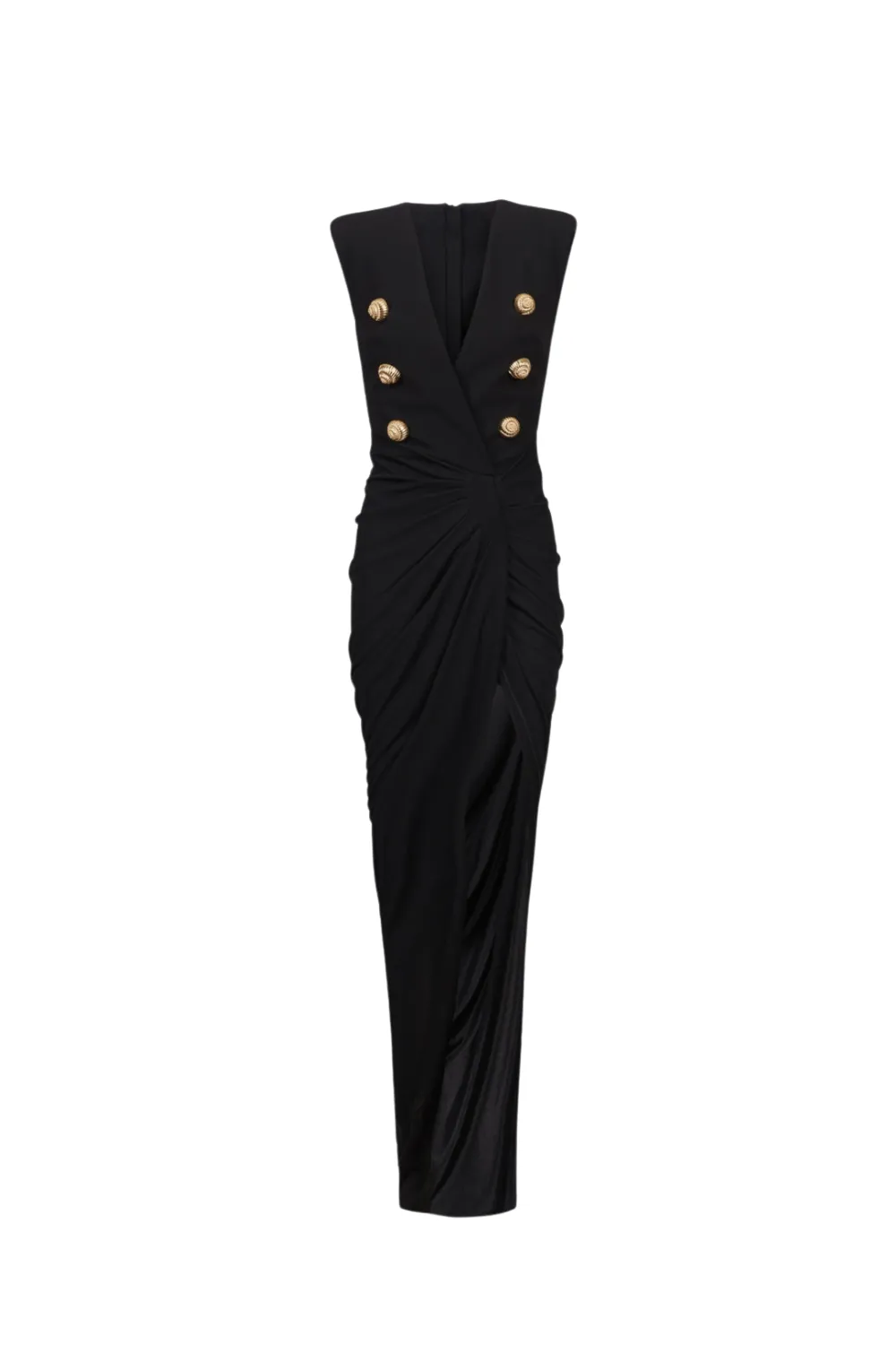 Deep-V Sleeveless Ruched Slit Maxi Dress in black Gloria Lanvin
