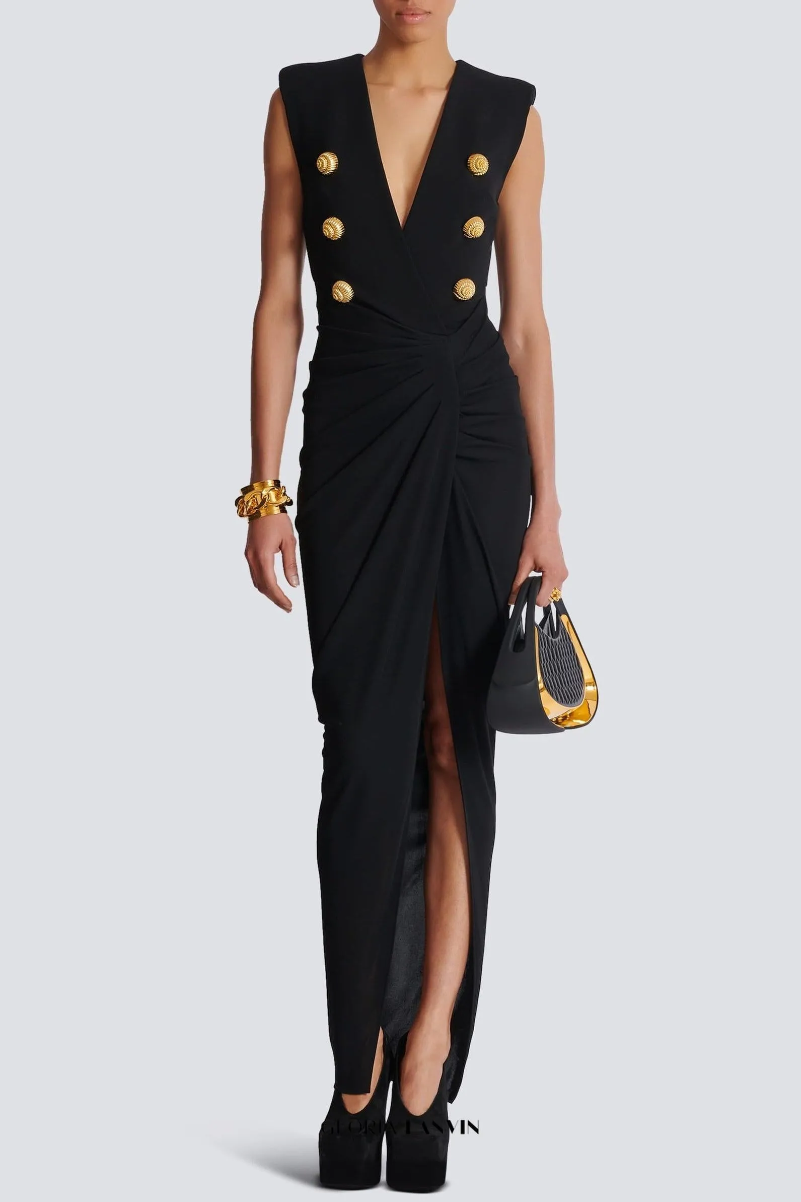 Deep-V Sleeveless Ruched Slit Maxi Dress in black Gloria Lanvin
