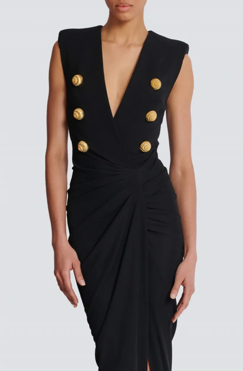 Deep-V Sleeveless Ruched Slit Maxi Dress in black Gloria Lanvin