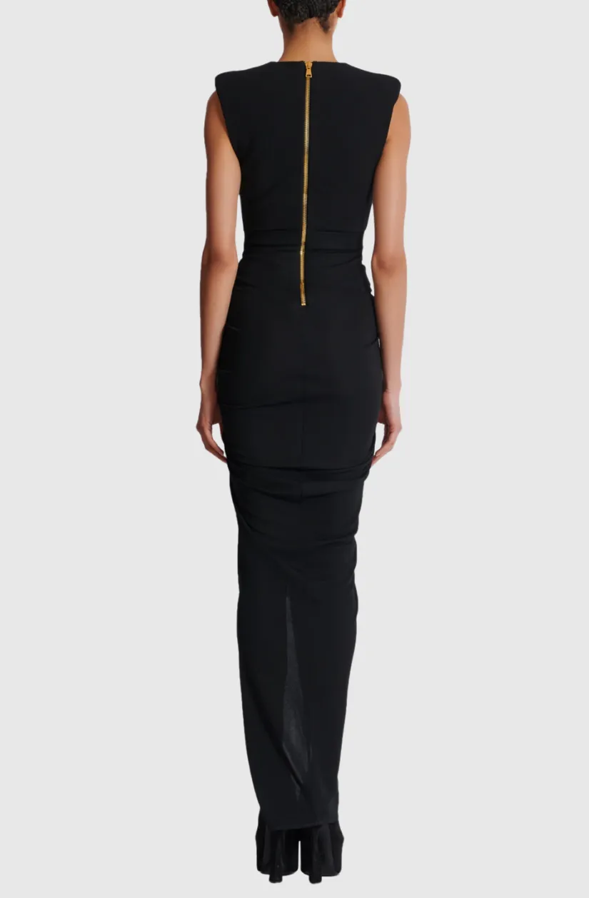 Deep-V Sleeveless Ruched Slit Maxi Dress in black Gloria Lanvin