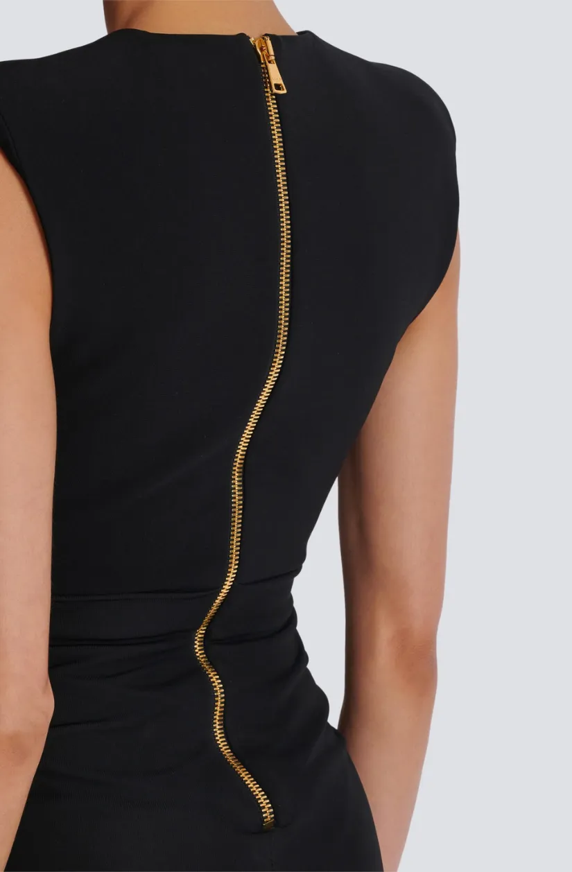 Deep-V Sleeveless Ruched Slit Maxi Dress in black Gloria Lanvin