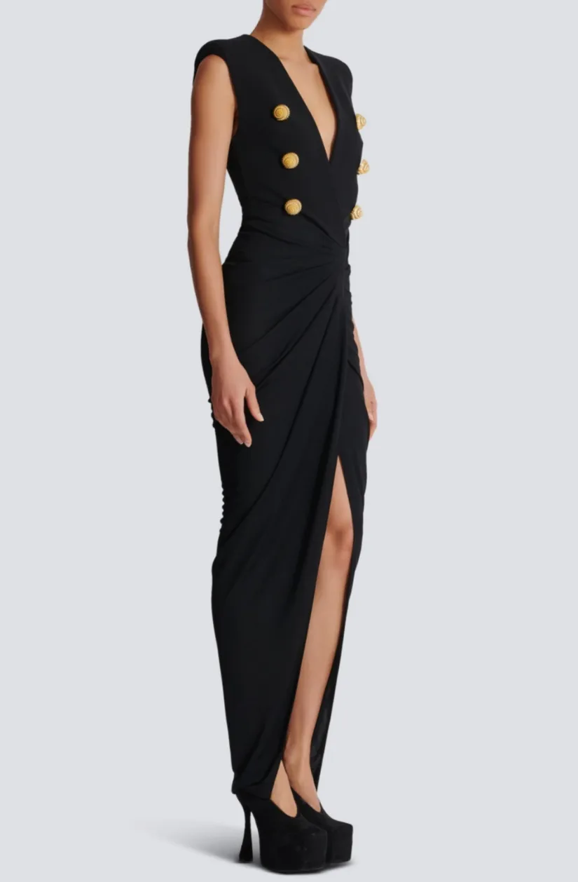 Deep-V Sleeveless Ruched Slit Maxi Dress in black Gloria Lanvin