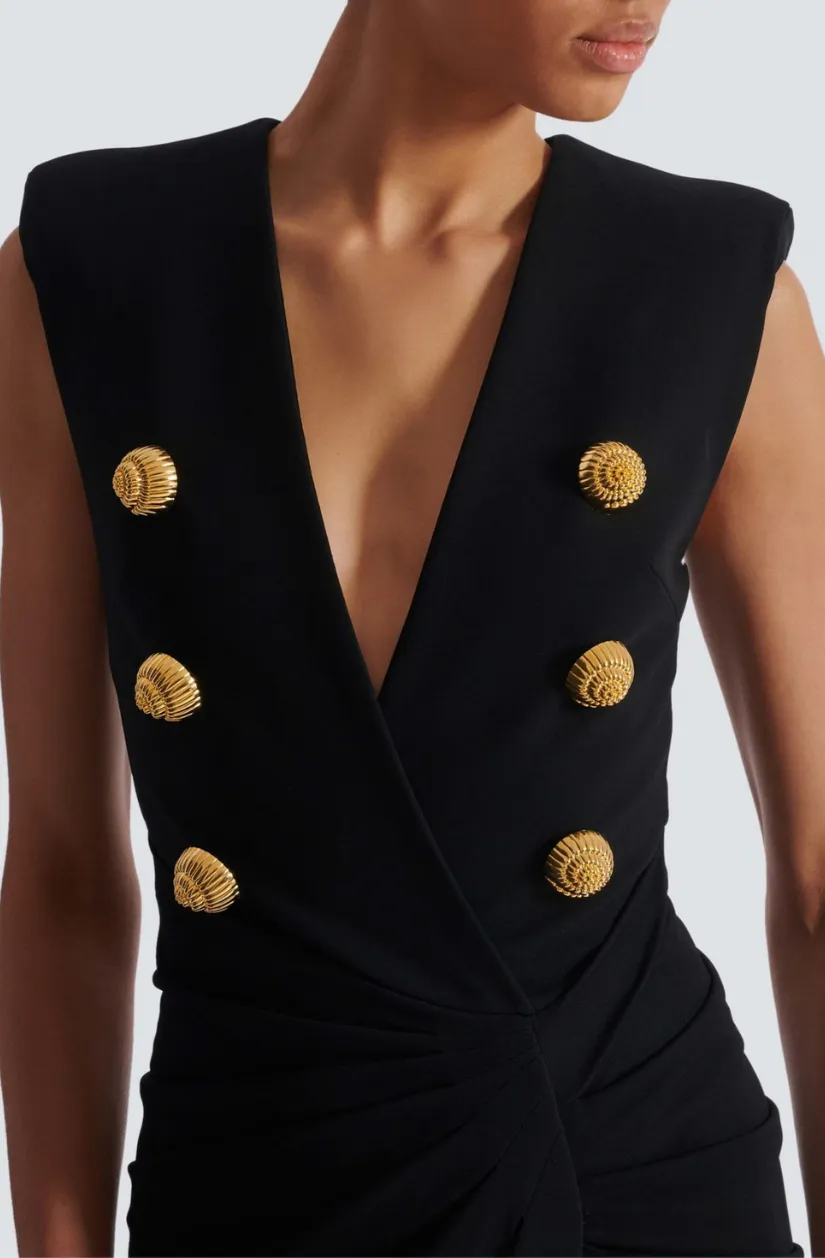 Deep-V Sleeveless Ruched Slit Maxi Dress in black Gloria Lanvin
