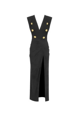 Deep-V Sleeveless Ruched Slit Maxi Dress in black Gloria Lanvin