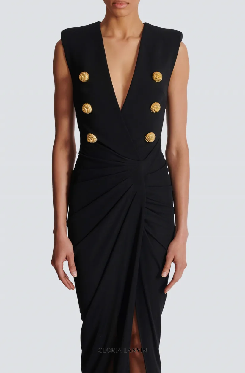 Deep-V Sleeveless Ruched Slit Maxi Dress in black Gloria Lanvin