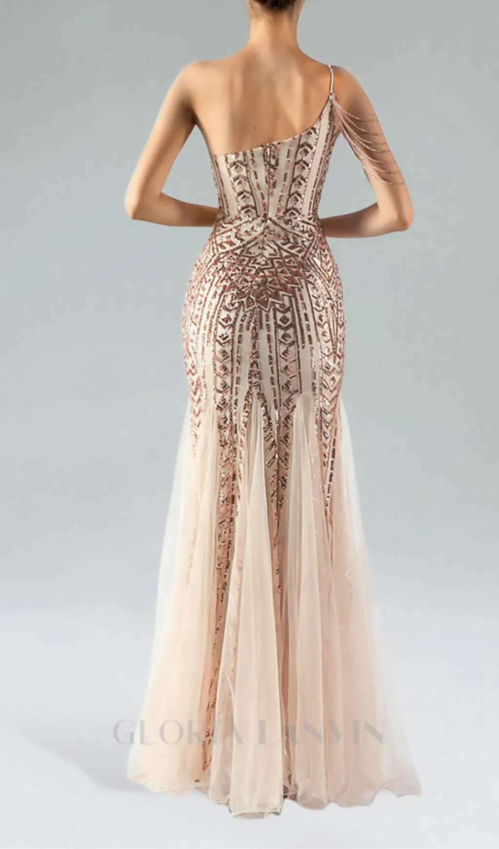 DEIRDRE GOLD ONE-SHOULDER SEQUINED FISHTAIL MAXI DRESS Gloria Lanvin